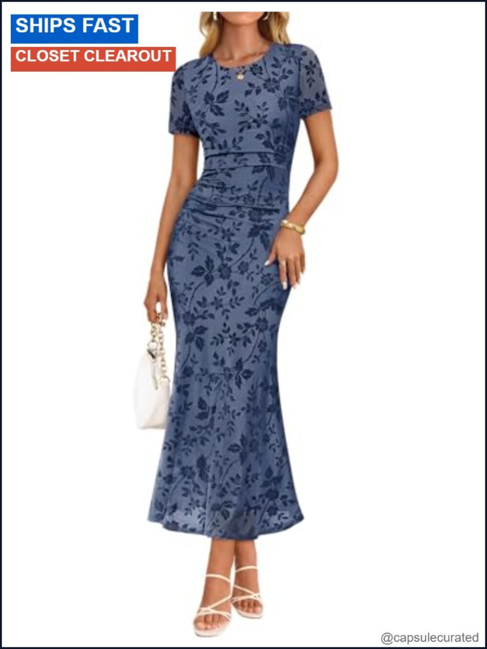 Floral Mesh Bodycon Maxi Dress Short Sleeve Crew Neck Formal